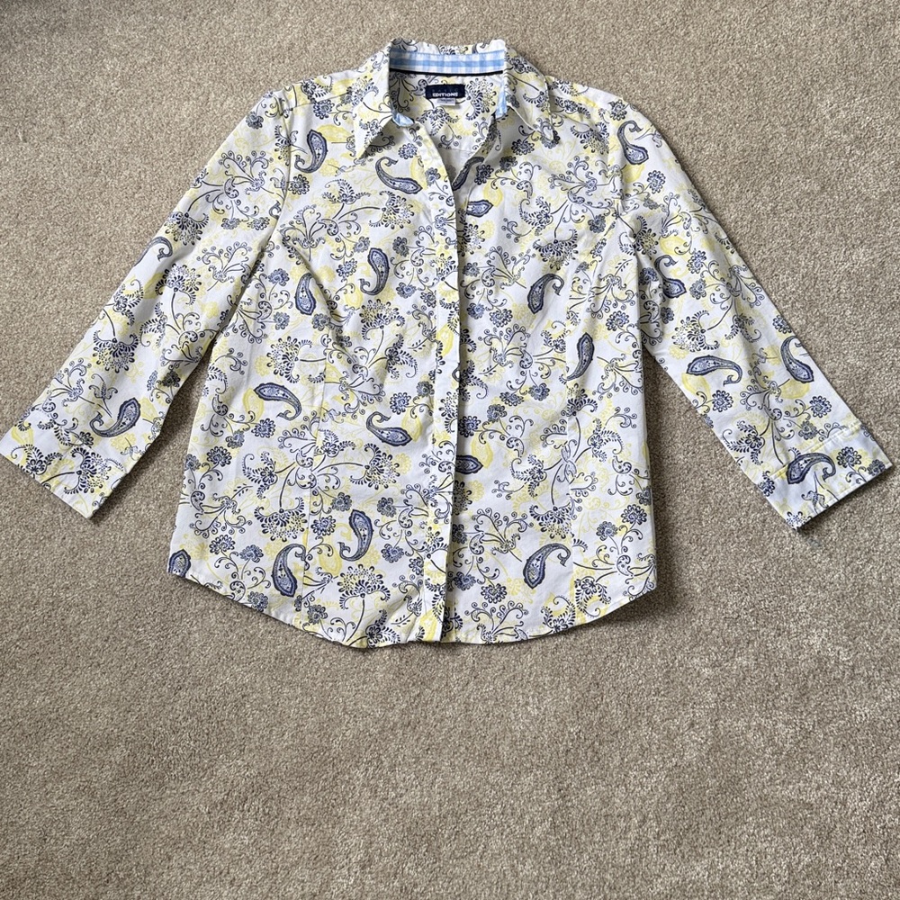 Basic Editions Women's Button Down Shirt - Yellow and Blue Paisley SZ Med.